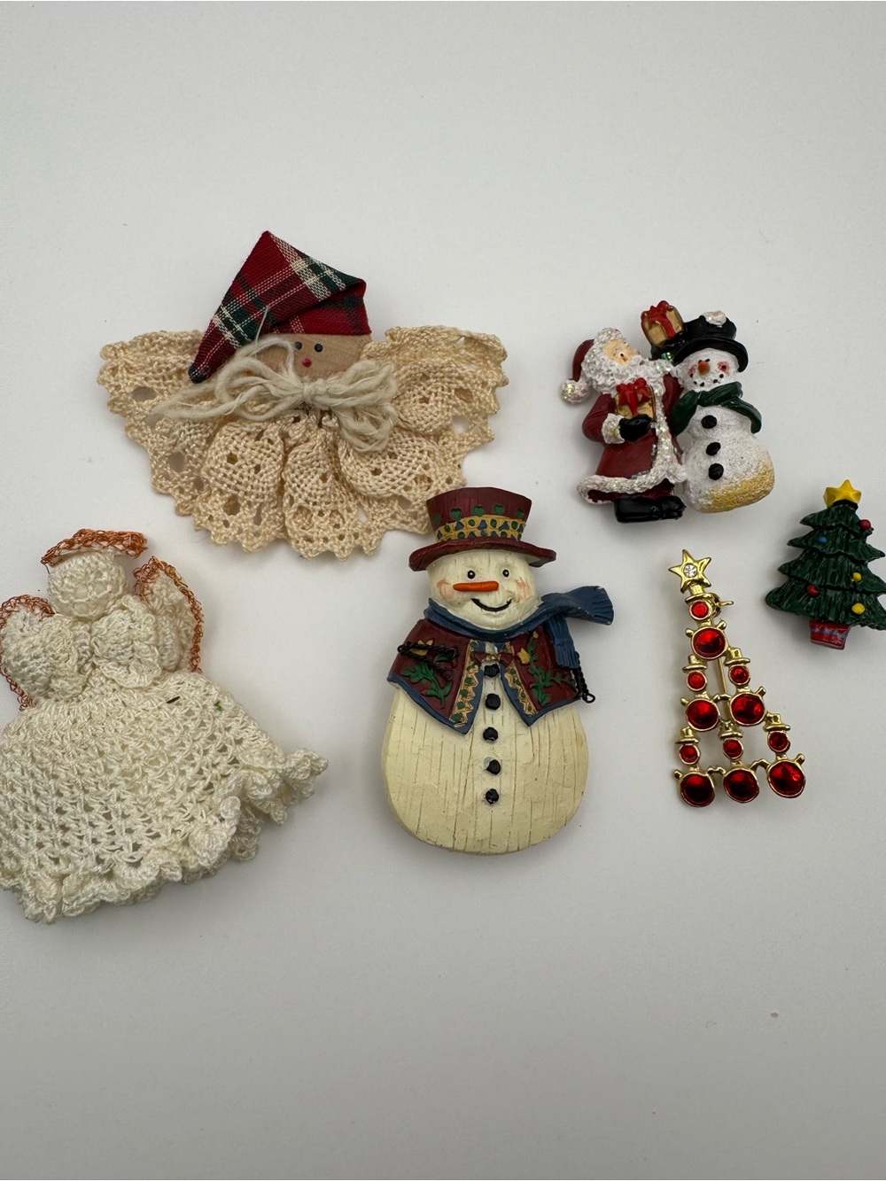 Vintage Christmas Brooch Pin Lot Snowman Santa Tree Crochet Angel Holiday